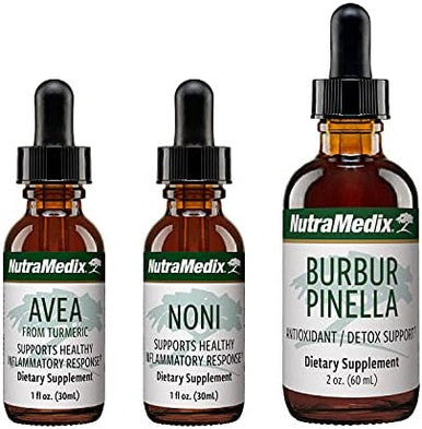 Nutramedix Inflammatory Response Set 3Piece Kit Includes Burburpinella Liquid Detox Drops Noni Fruit Extract & Avea Turmeric Root Extract Daily Plantbased Tinctures & Wholeherb Concentrates