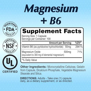 Magnesium Plus B6 500 Mg By Alfa Vitamins Cardiovascular Health Supports Energy Production &R Enzyme Function 100 Capsules