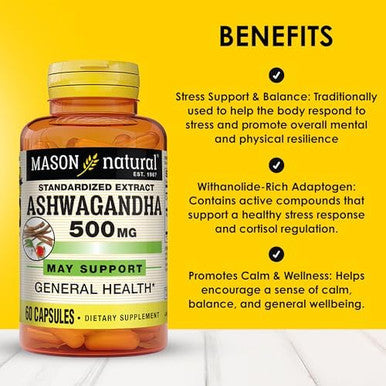 Mason Natural Ashwagandha 500 Mg Adaptogen For Stress & Energy Support Herbal Supplement 60 Day Supply