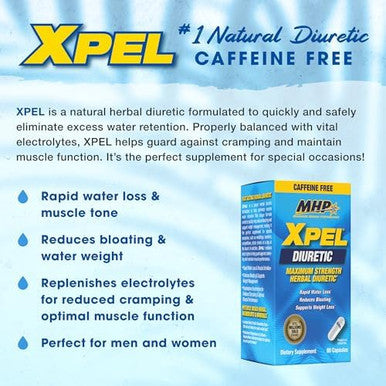 Mhp Xpel Maximum Strength Diuretic Water Pills For Water Retention Relief Caffeine With Vitamin B6 Potassium Dandelion Root 80 Capsules