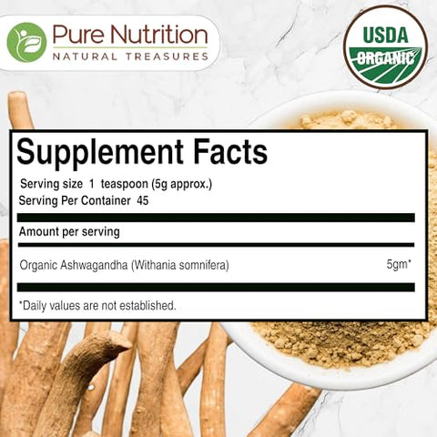 Pure Nutrition Organic Ashwagandha Powder 8 Oz (227 Grams) Usda Organic No Fillers No Additives 100 Pure And Natural Non Gmo Gluten Free