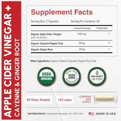 Forestleaf Usda Organic Apple Cider Vinegar Capsules With Mother 1200 Mg Vegan & Non-Gmo Apple Cider Vinegar Pills With Cayenne Pepper & Ginger Root 120 Caps