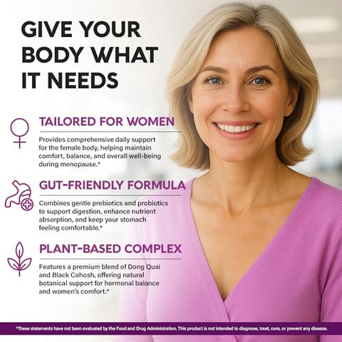 Nutraharmony Menopause Supplements For Women - Dong Quai Black Cohosh Pre & Probiotics - Sweats & Hot Flashes Relief - Digestion Sleep & Mood Support - 25-In-1 Perimenopause Complex - Made In Usa 60 Capsules