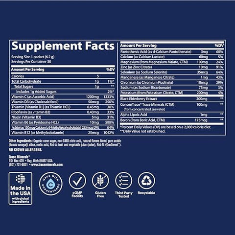 Trace Minerals Power Pak + Immunity Vitamin C Powder Drink Mix Tropical Watermelon Electrolytes Vitamin C Zinc and Vitamin D330 Stick Packs (30 Servings)
