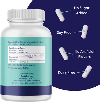 Bestvite Glucosamine Sulfate 750mg per Capsule (240 Capsules) - No Stearates - Gluten - Non GMO - Joint Support