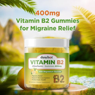 Duwhot Vitamin B2 Gummies With Magnesium- Riboflavin 400Mg For Migraine Relief & Headache Relief B2 Vitamins Gummies For Adults & Kids Vegan 60 Chewable