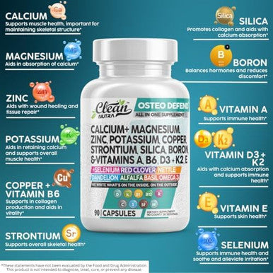 Calcium Magnesium Zinc Supplement With Potassium, Copper, Strontium, Silica, Vitamin D3 K2, Boron, Vitamin B1 B12 Red Clover Herb Alfalfa Basil Pills For Men And Women Clean Nutra Osteo Defend
