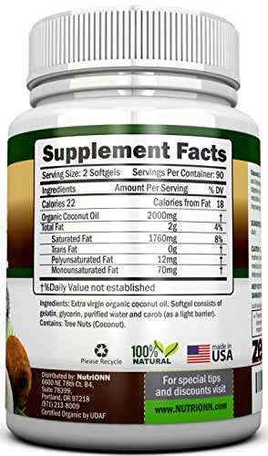 ORGANIC COCONUT OIL Capsules - 180 Softgels - 4000 MG Daily - Cold-Pressed Extra Virgin Coconut Oil - Certified USDA Organic - Great For Hair, Skin And Acne