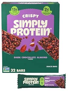 Simply Protein - Dark Chocolate Almond Crispy Bars - Plant Based Protein Bars - Low Carb, Low Sugar, High Fiber - 13g Protein, 2g Sugar, 7g Fiber - Vegan, Gluten Free, Non GMO, Kosher - 32 Bars