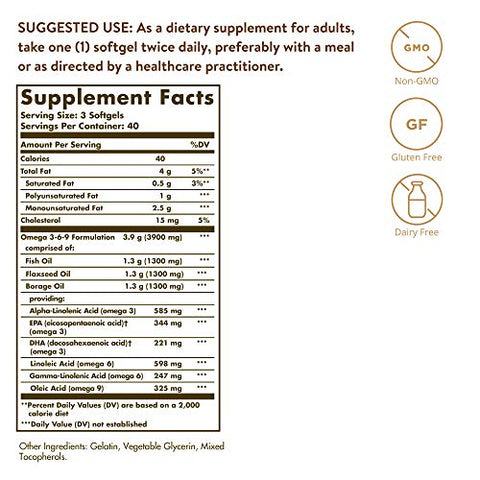 Solgar 1300 Mg Omega 3-6-9 120 Softgels - Fish Oil Supplement - Support For Joint & Skin Health - Includes Flaxseed & Borage - Contains Epa & Dha Omega 3 Fatty Acids 40 Servings