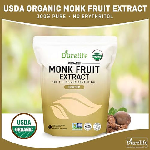 Durelife Organic 100% Pure Monk Fruit sweetener, No Erythritol, Monkfruit Extract Powder 10 OZ and DureLife XYLITOL Sugar Substitute 1 LB (16 OZ) Made From 100% Pure Birch Xylitol NON GMO