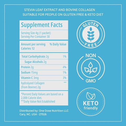 Carbon Sweeteners Stevia Sweetener Sugar Packets with 2000mg of Collagen per Packet Promotes Healthy Joints Bones and Skin Health 30 Count (Pack of 1)