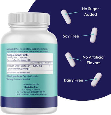Bestvite Liposan Ultra Chitosan 500mg (240 Capsules) - Patented Faster Acting Than Regular Chitosan - No Stearates - No Fillers