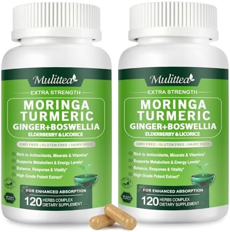 Mulittea Moringa Capsules Organic 1000Mg 7In1 Superfood With Turmeric Ginger Elderberry Licorice & Boswellia Support Immune Skin Gut & Antioxidantnongmo Gmp 120 Vegan Capsules 2 Months Supply