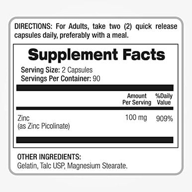 Lab Zinc Supplements Zinc 100Mg Zinc Picolinate Immune Support Supplement 180 Capsules Zinc Supplements Ultra High Absorption.