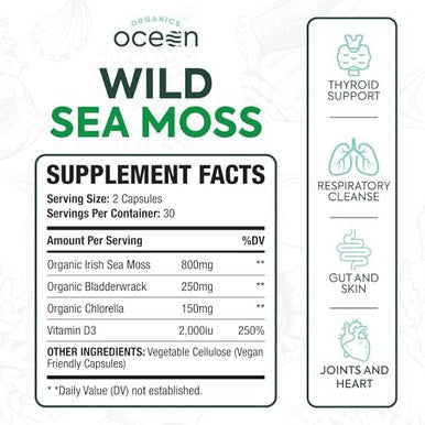 Wild Sea Moss Capsules - 100% Organic Irish Sea Moss With Organic Chlorella, Bladderwrack And Vitamin D For Energy, Lung Health And Thyroid Support For Women And Men - 60 Capsules