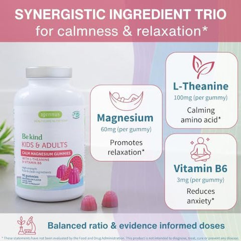 Igennus High Absorption Magnesium Citrate Gummies with LTheanine and B6 Calm and Nervous System Support for Adults and Kids SugarFree Clean Ingredients and Vegan Watermelon Flavor 4590 Servings