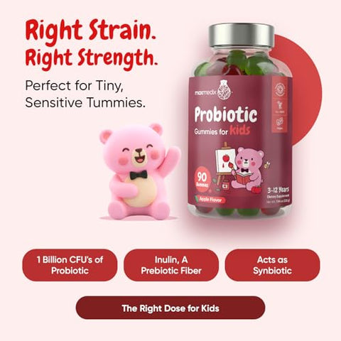 Maxmedix Kids Probiotics Gummies Prebiotic Probiotics For Kids - 1 Billion Cfu & Inulin (45-Day Supply) 90 Children Synbiotic Gummies Natural Apple Flavor Vegan Non-Gmo