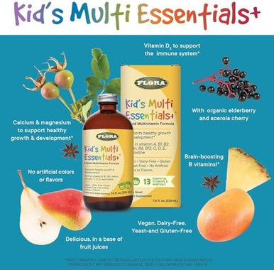 Flora Kid'S Multi Essentials Plus Liquid Multivitamin Formula Supports Immune System & Healthy Growth Vitamins A C E D & B12 Vegan Gluten & Dairy 7.6 Fl. Oz. Glass Bottle