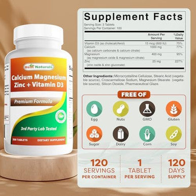 Best Naturals Calcium Magnesium Zinc With Vitamin D3, 300 Tablets - Calcium 1000 Mg, Magnesium 400 Mg, Zinc 25 Mg & D3 600 Iu Per Serving (3 Tablets)