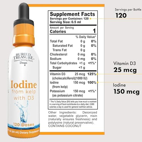 Buried Treasure Iodine Drops From Kelp 2% Liquid Drops120 Servings 2 Fl Oz Natural Thyroid & Immune Support Vegan & Non Gmo