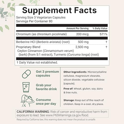 Micro Ingredients Berberine With Ceylon Cinnamon 240 Veggie Capsules High Absorption Berberine Hci Supplement Turmeric Root & Cinnamon Bark Extract Non-Gmo Gluten Free