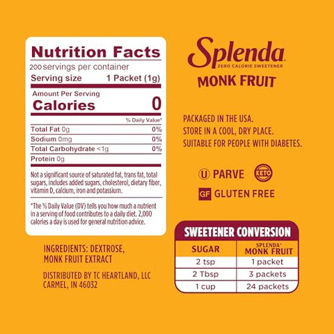 SPLENDA Monk Fruit Zero Calorie Plant Based Sweetener Substitute, Keto Sugar Alternative (200 Count)
