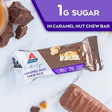 Atkins Endulge Caramel Nut Chew Bar Dessert Favorite 1G Sugar Good Source Of Fiber Low Sugar & Chocolate Peanut Butter Pretzel Protein Meal Bar High Fiber 16G Protein 1G Sugar
