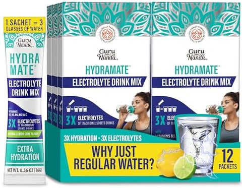 Gurunanda Hydramate Hydration Support Drink Mix Electrolyte Powder Packets For Dehydration Exercise & Energy No Added Sweeteners Nongmo Natural Lemon Lime Flavor 12 Count (0.56 Oz Each)