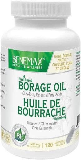 Benemax Borage Oil. Plant Based - Omega 6 Essential Fatty Acids. GLA-Rich Oil for Better Skin. High Absorption 1000mg Liquid Softgels. 120 softgels per Bottle