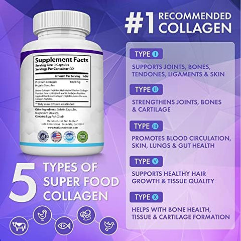Toplux Multi Collagen Peptides Pills 1800 Mg Complex Type I Ii Iii V X Premium Collagen Complex For Better Skin & Hair Strong Joint Hydrolyzed Protein For Men Women 90 Capsules Supplement