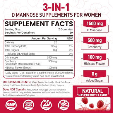 Natisland D Mannose With Cranberry Gummies D-Mannose Supplements 1500Mg For Women With Hibiscus For Urinary Tract Health Bladder Liver Support Sugar-Free Vegan Raspberry Flavor 60 Count