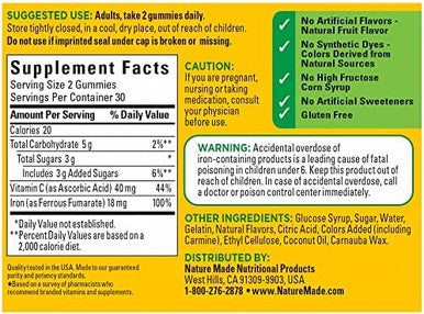 Nature Made Iron 18 Mg Per Serving With Vitamin C, Dietary Supplement For Red Blood Cell Support, 60 Gummies, 30 Day Supply