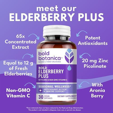 Bold Botanica Elderberry Plus - 65X Concentrated Black Elderberry Extract With Zinc & Vitamin C For Daily Immune Support & Seasonal Wellness - Non-Gmo 30 Vegan Capsules