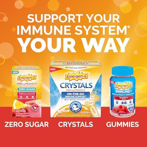 EmergenC 1000Mg Vitamin C Powder With Antioxidants B Vitamins And Electrolytes Vitamin C Supplements For Immune Support Caffeine Drink Mix Raspberry Flavor 60 Count/2 Month Supply