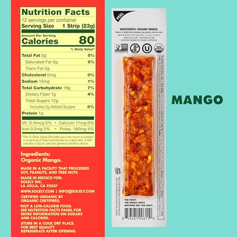 Solely - Organic Mango Fruit Jerky - 5 Individually Wrapped Fruit Strips - Fruit Leather Made from Dried Fruits - Healthy Snacks, Vegan - 0.8oz (23g)