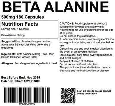 Beta Alanine 500Mg Supplement 180 Capsules Uk Made. Pharmaceutical Grade