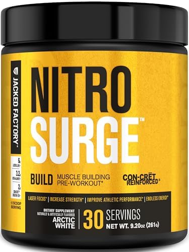 Jacked Factory Nitrosurge Build Pre Workout With Creatine For Muscle Building Con Cret Creatine Powder & Elevatp For Intense Energy Powerful Pump & Endless Endurance 30 Servings Blue Raspberry