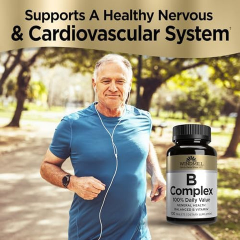 Windmill Natural Vitamins B Complex (100% Daily Value) Boost Energy Production and Promote Metabolism 100 Tablets 100 Servings