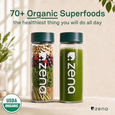 Zena Nutrition Organic Super Greens Powder 70+ Superfoods 0 Sugar 3g Fiber Spirulina Chlorella Mushrooms Prebiotics/Probiotics Digestive Enzymes Gut Health Green Apple 30 Drink Mix Packets