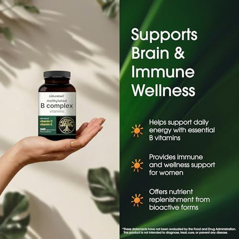 NatureBell Methylated B Complex Vitamins 240 Vegetarian Capsules High Bioavailability 12in1 Formula for Immune Health and Energy Support* NonGMO and GlutenFree