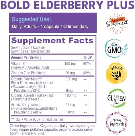 Bold Botanica Elderberry Plus - 65X Concentrated Black Elderberry Extract With Zinc & Vitamin C For Daily Immune Support & Seasonal Wellness - Non-Gmo 30 Vegan Capsules