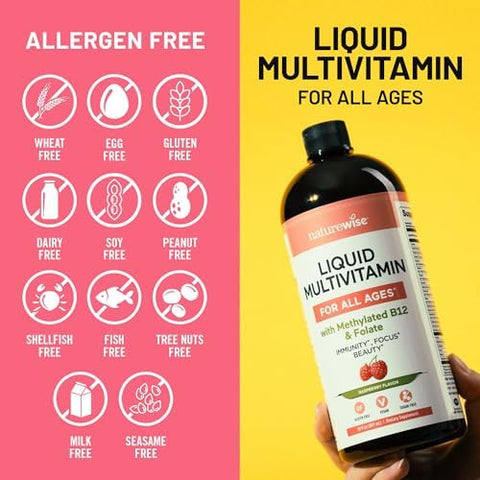NatureWise Liquid Multivitamin for Women Men of All Ages Sugar Free Vegan Vitamins for Energy Levels Beauty Immune Health with Methylated B12 and Folate NonGMO 30 fl oz(887 mL)
