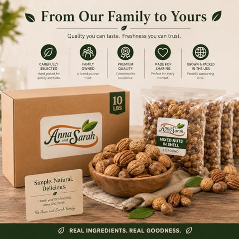 Anna and Sarah Premium Kosher Mixed Nuts in Shell Box, NO BRAZIL NUT 10 Lbs | 160 Oz Bulk, Jumbo Walnuts, Extra Large Pecans, Almonds, Large Oregon Hazelnuts, Fresh