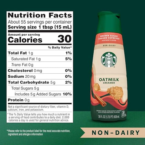 Starbucks Non-Dairy Brown Sugar Cinnamon Flavored Creamer, Oatmilk Coffee Creamer, Inspired By Brown Sugar Shaken Espresso 28 fl oz