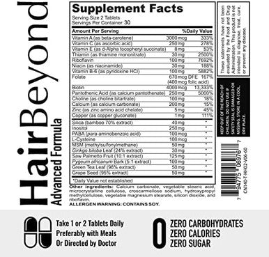Hairbeyond Advanced Hair Growth Formula Improves Follicle & Scalp Strength For Stronger Growth, Hair Loss Protection, Vitamin A, C, E, B Complex Saw Palmetto Silica Zinc Calcium Niacin Thiamin Biotin