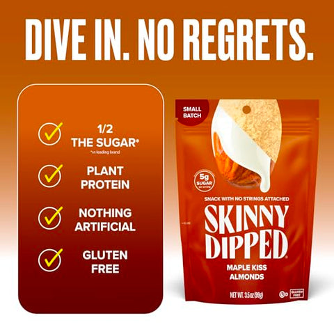 SkinnyDipped Maple Kiss Almonds, Healthy Snack, Plant Protein, Gluten Free, 3.5 oz Resealable Bags, Pack of 5, Seasonal Flavor