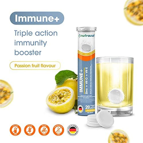 Nutrazul Immune+ Effervescent Tablets Vitamin C And Zinc With Vitamin E 20 Tablets Immune Support For Adults & Kids Ideal For Flu Season Protection Passion Fruit Flavor