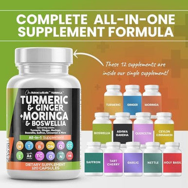 Turmeric Moringa Supplement Ginger Boswellia Saffron - Supplement For Women And Men With Ceylon Cinnamon, Tart Cherry, Quercetin Garlic Nettle Holy Basil - 1Pack
