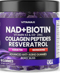 Nad+, Resveratrol, Berberine, & Biotin Anti-Aging Gummy - Hair, Skin, Nails & Joint Supplement - Collagen Peptides, Keratin, Zinc, Vitamin K2 & D3 Gummies - Regeneration - Vegan - Made In Usa 60 Count